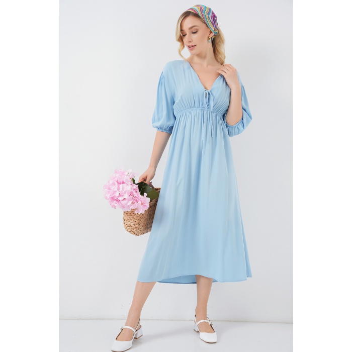 2570 Kadın Beli Büzgülü V Yaka Elbise - Mavi