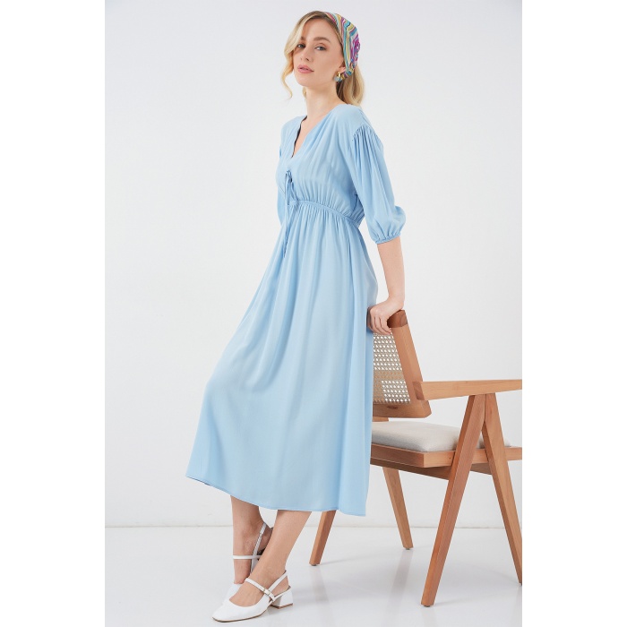 2570 Kadın Beli Büzgülü V Yaka Elbise - Mavi