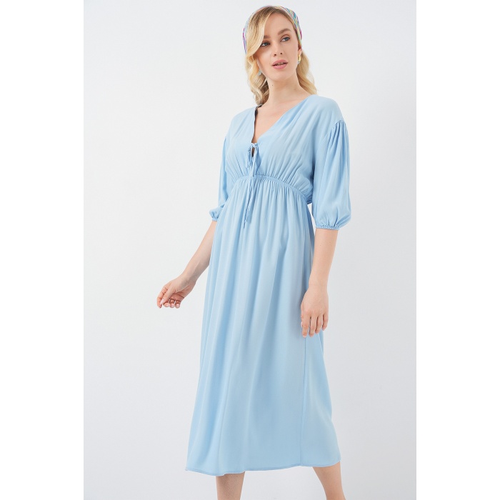 2570 Kadın Beli Büzgülü V Yaka Elbise - Mavi