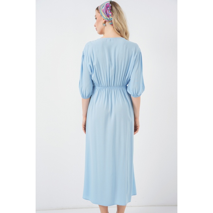 2570 Kadın Beli Büzgülü V Yaka Elbise - Mavi