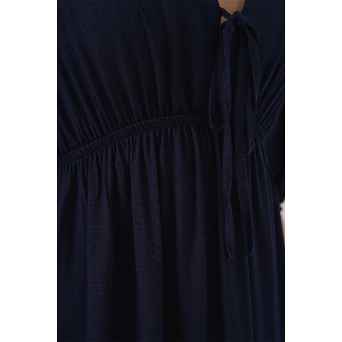 2570 Kadın Beli Büzgülü V Yaka Elbise - Lacivert