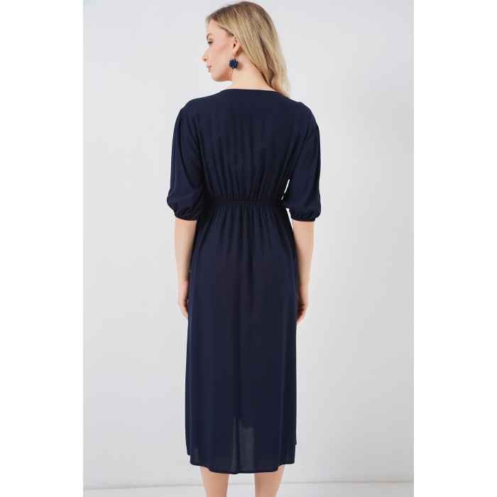 2570 Kadın Beli Büzgülü V Yaka Elbise - Lacivert