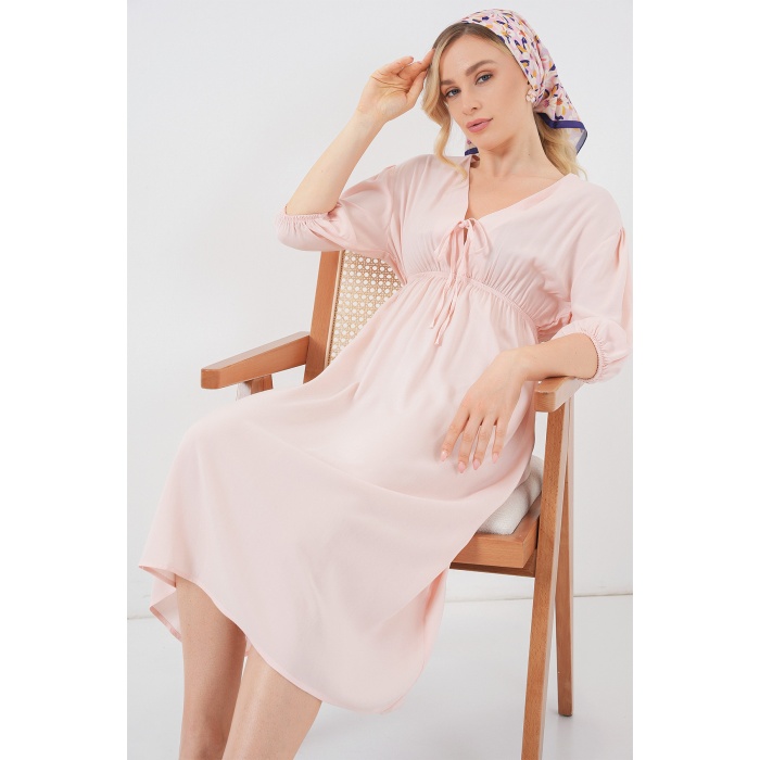 2570 Kadın Beli Büzgülü V Yaka Elbise - Pudra