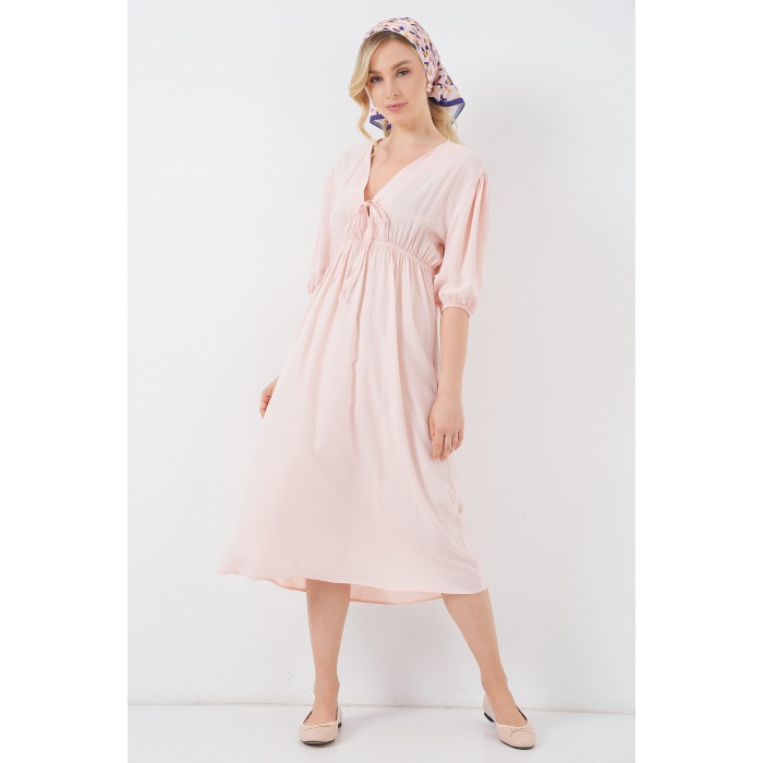 2570 Kadın Beli Büzgülü V Yaka Elbise - Pudra