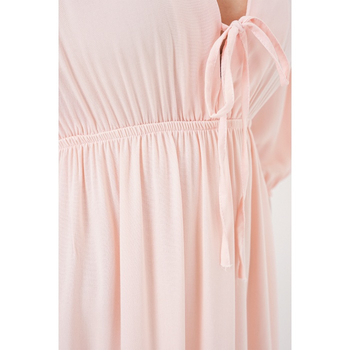 2570 Kadın Beli Büzgülü V Yaka Elbise - Pudra