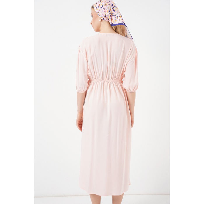 2570 Kadın Beli Büzgülü V Yaka Elbise - Pudra
