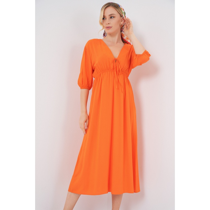 2570 Kadın Beli Büzgülü V Yaka Elbise - Turuncu