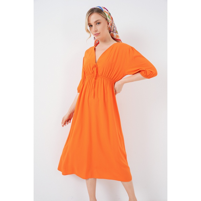 2570 Kadın Beli Büzgülü V Yaka Elbise - Turuncu