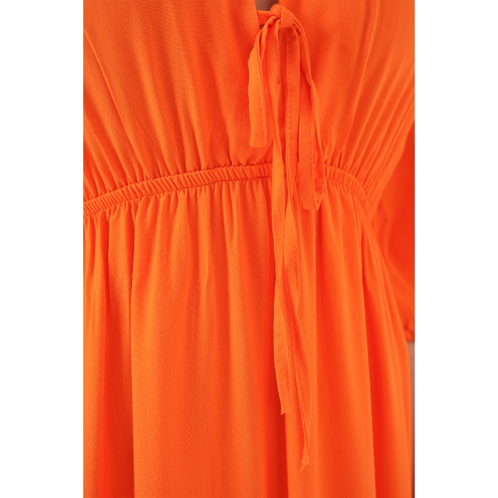 2570 Kadın Beli Büzgülü V Yaka Elbise - Turuncu