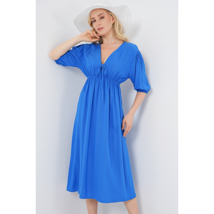 2570 Kadın Beli Büzgülü V Yaka Elbise - Saks