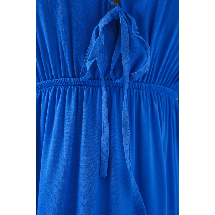 2570 Kadın Beli Büzgülü V Yaka Elbise - Saks