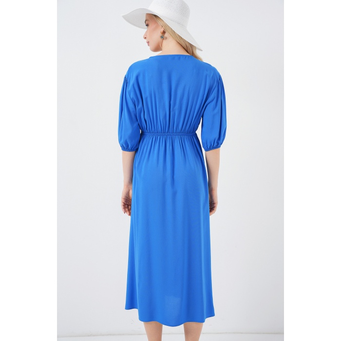 2570 Kadın Beli Büzgülü V Yaka Elbise - Saks