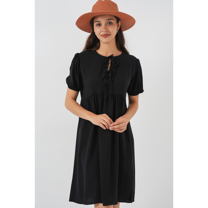 Kadın Bağcıklı Midi Elbise 2575 - Siyah