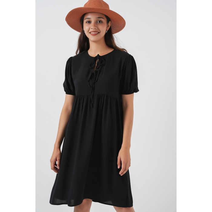 Kadın Bağcıklı Midi Elbise 2575 - Siyah