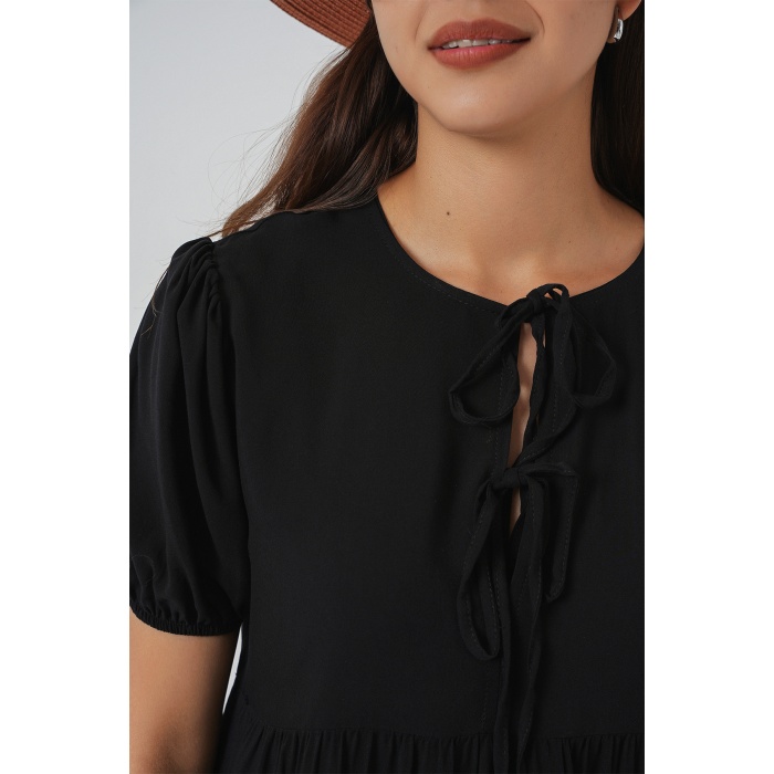 Kadın Bağcıklı Midi Elbise 2575 - Siyah