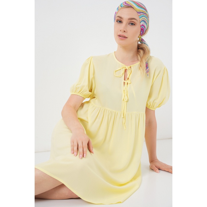 Kadın Bağcıklı Midi Elbise 2575 - Sarı