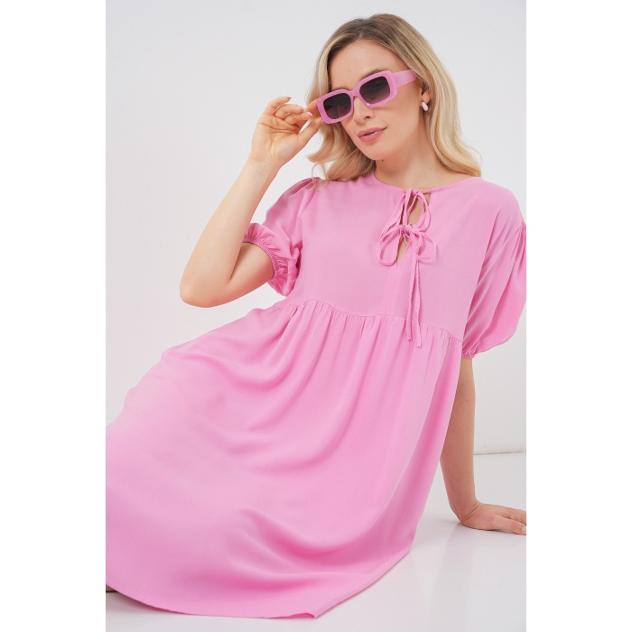 Kadın Bağcıklı Midi Elbise 2575 - Pembe