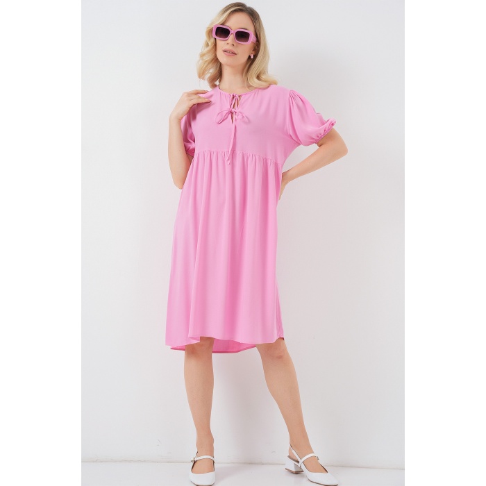 Kadın Bağcıklı Midi Elbise 2575 - Pembe