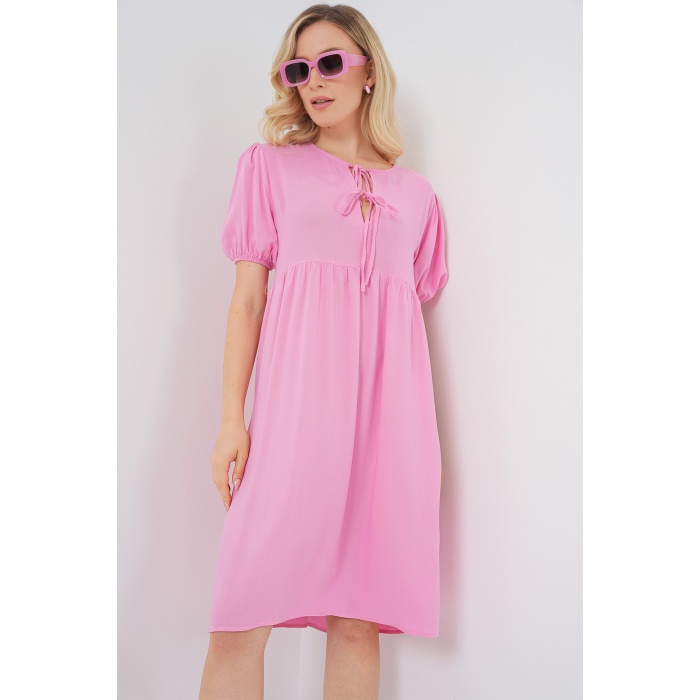 Kadın Bağcıklı Midi Elbise 2575 - Pembe
