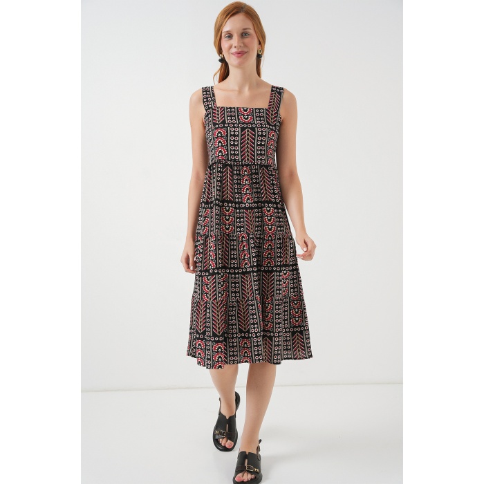 Kadın Desenli Askılı Midi Elbise 2577 - Siyah