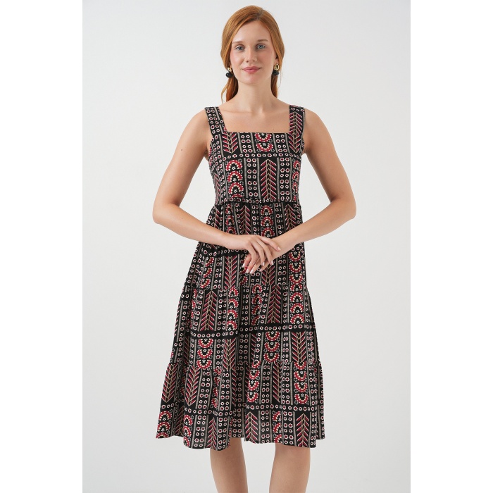 Kadın Desenli Askılı Midi Elbise 2577 - Siyah