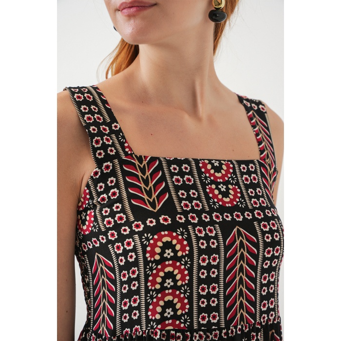 Kadın Desenli Askılı Midi Elbise 2577 - Siyah