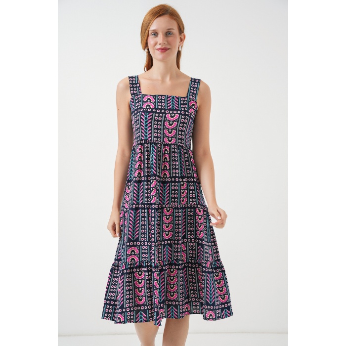 Kadın Desenli Askılı Midi Elbise 2577 - Lacivert
