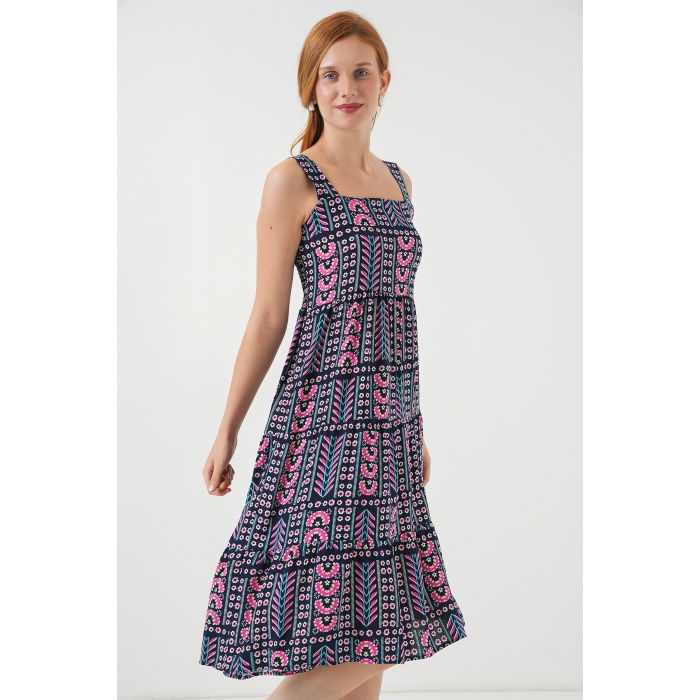 Kadın Desenli Askılı Midi Elbise 2577 - Lacivert