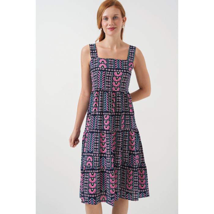 Kadın Desenli Askılı Midi Elbise 2577 - Lacivert