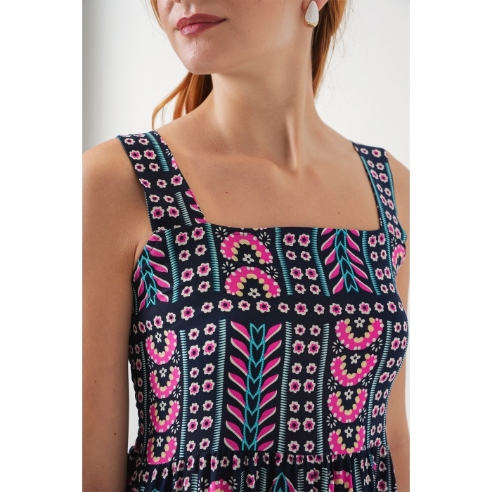 Kadın Desenli Askılı Midi Elbise 2577 - Lacivert