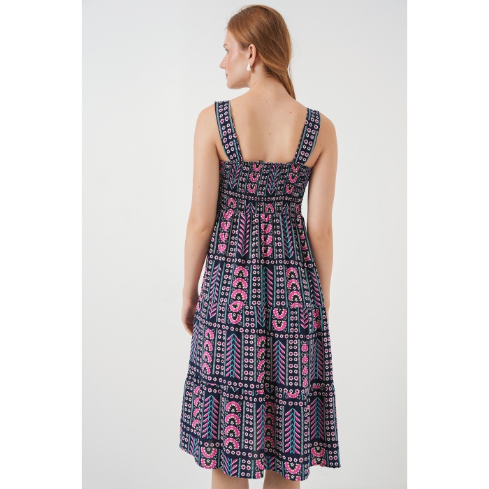 Kadın Desenli Askılı Midi Elbise 2577 - Lacivert