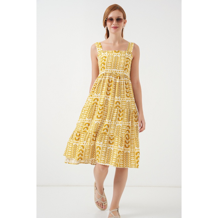 Kadın Desenli Askılı Midi Elbise 2577 - Sarı