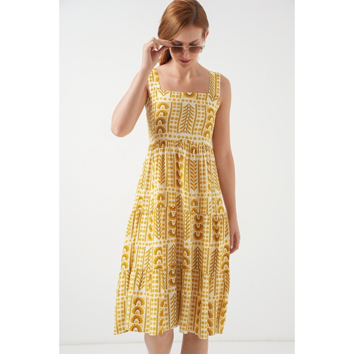 Kadın Desenli Askılı Midi Elbise 2577 - Sarı