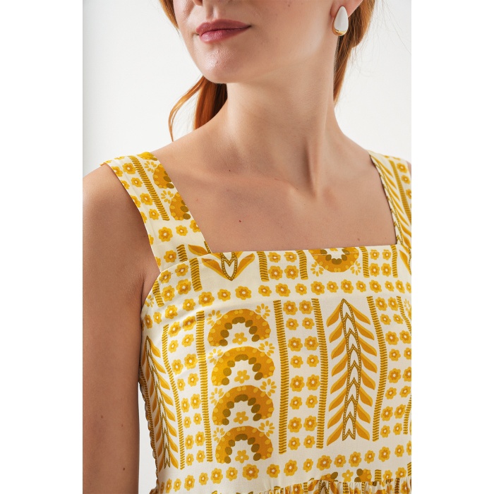 Kadın Desenli Askılı Midi Elbise 2577 - Sarı