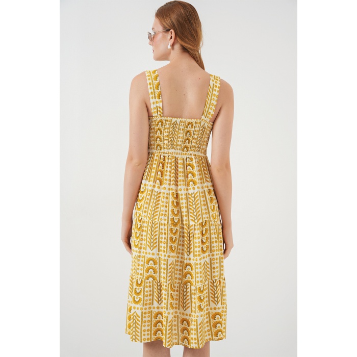 Kadın Desenli Askılı Midi Elbise 2577 - Sarı