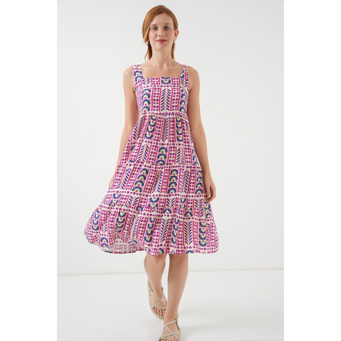 Kadın Desenli Askılı Midi Elbise 2577 - Fuşya