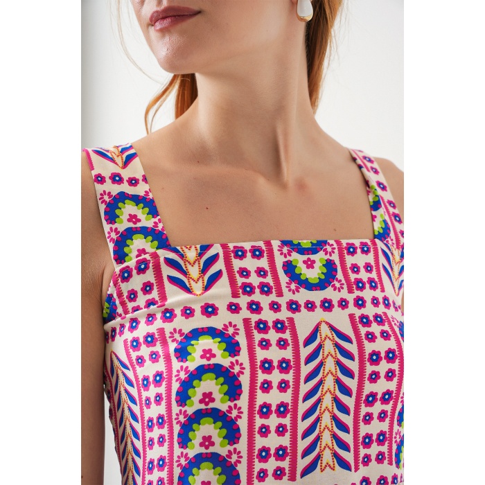 Kadın Desenli Askılı Midi Elbise 2577 - Fuşya