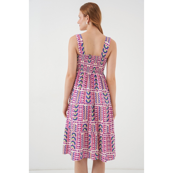 Kadın Desenli Askılı Midi Elbise 2577 - Fuşya