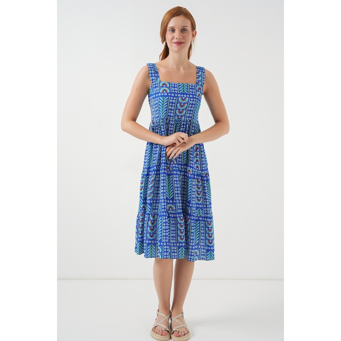 Kadın Desenli Askılı Midi Elbise 2577 - Saks