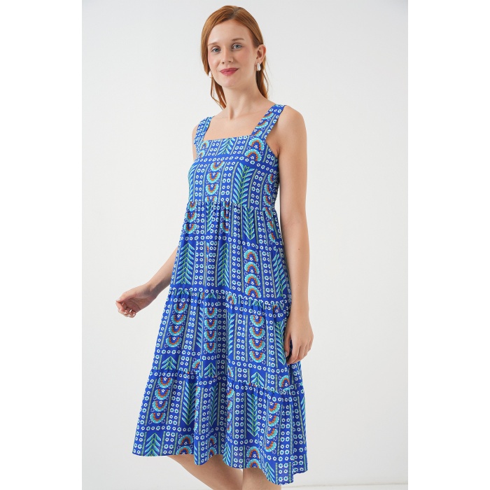 Kadın Desenli Askılı Midi Elbise 2577 - Saks