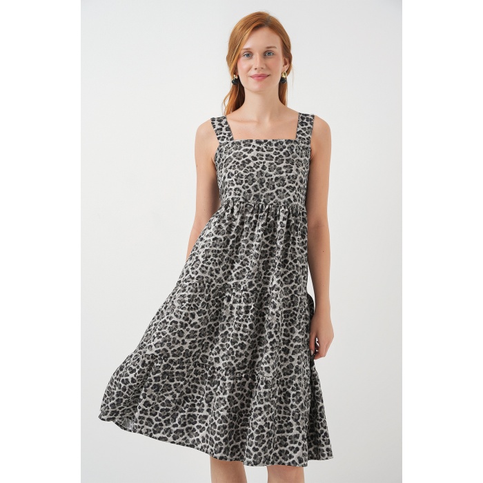 Kadın Desenli Askılı Midi Elbise 2577 - Antrasit