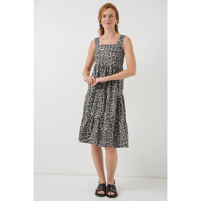 Kadın Desenli Askılı Midi Elbise 2577 - Antrasit