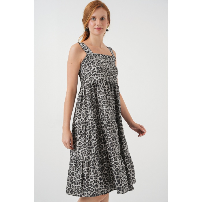 Kadın Desenli Askılı Midi Elbise 2577 - Antrasit