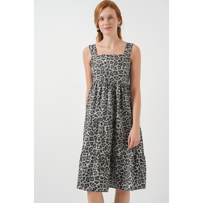 Kadın Desenli Askılı Midi Elbise 2577 - Antrasit