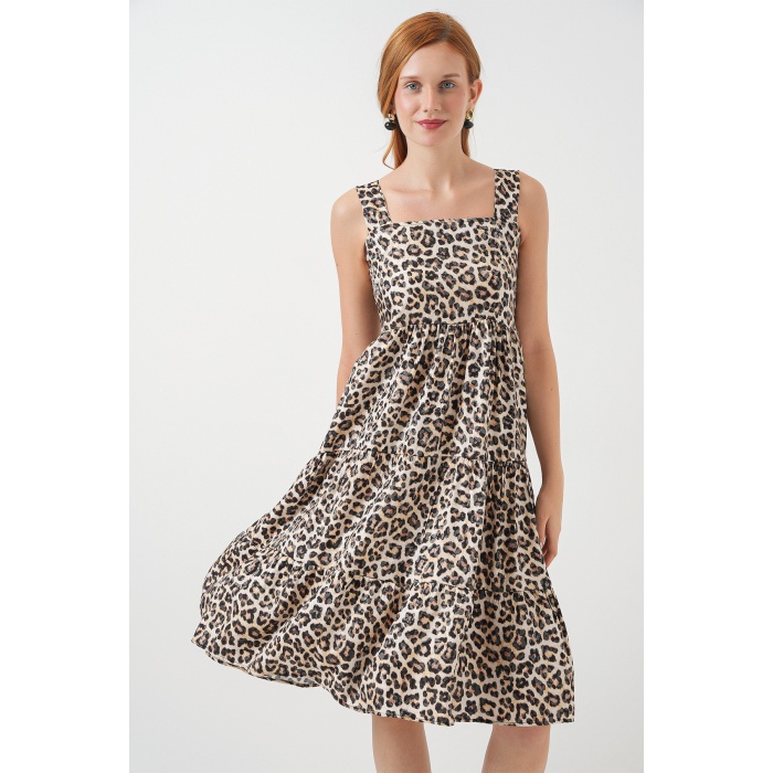 Kadın Desenli Askılı Midi Elbise 2577 - C. Kahverengi