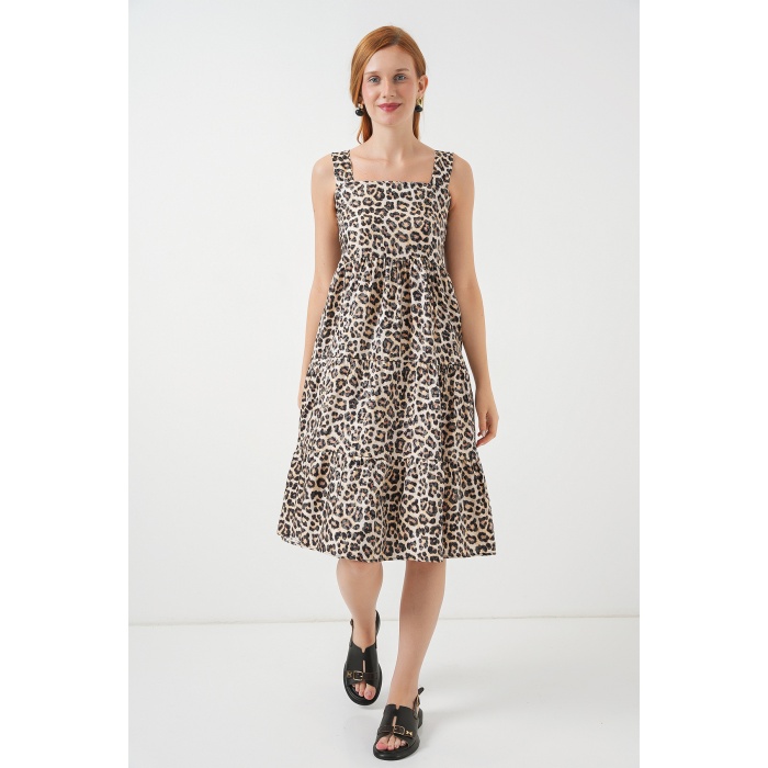 Kadın Desenli Askılı Midi Elbise 2577 - C. Kahverengi