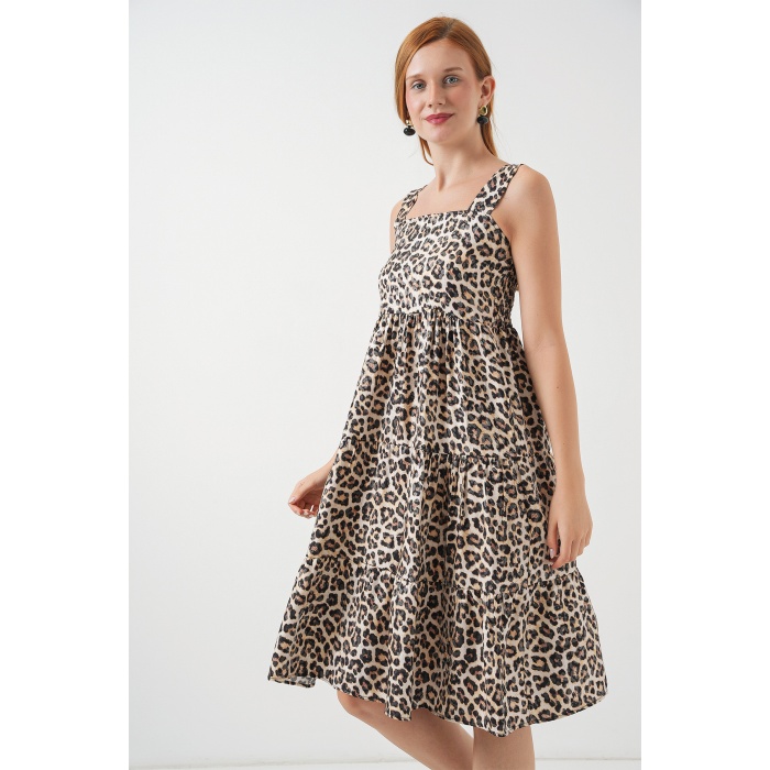 Kadın Desenli Askılı Midi Elbise 2577 - C. Kahverengi