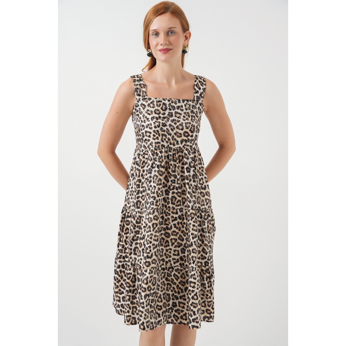 Kadın Desenli Askılı Midi Elbise 2577 - C. Kahverengi