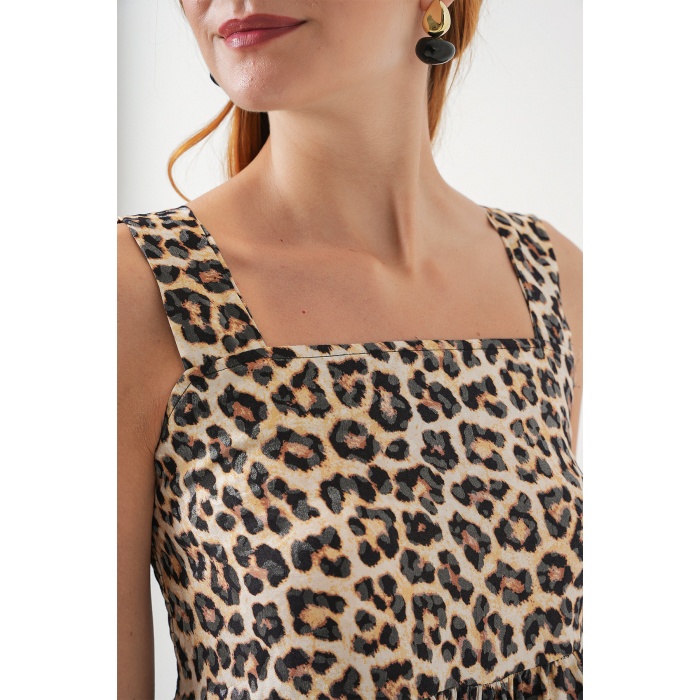 Kadın Desenli Askılı Midi Elbise 2577 - C. Kahverengi