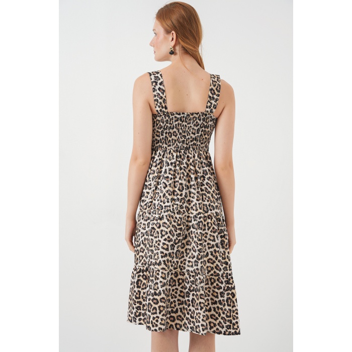 Kadın Desenli Askılı Midi Elbise 2577 - C. Kahverengi